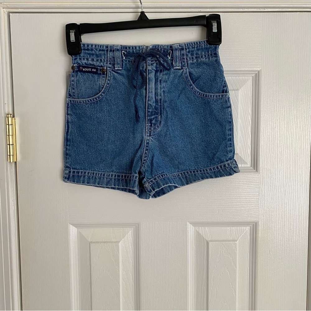 Vintage Route 66 Girls Jean Shorts High Rise Blue Denim Tie Front Girls Size 6